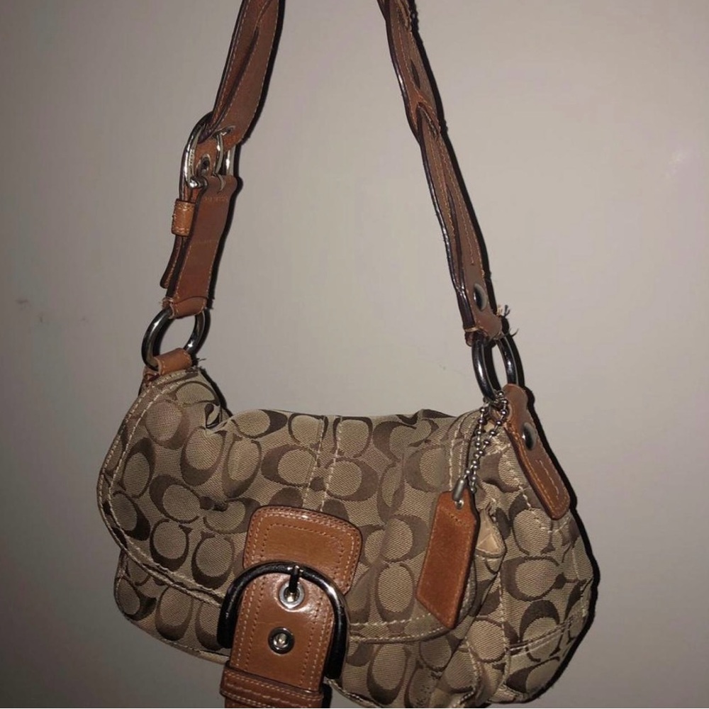 Coach Brown Shoulder Bag with Monogram Pattern and Leather Trim